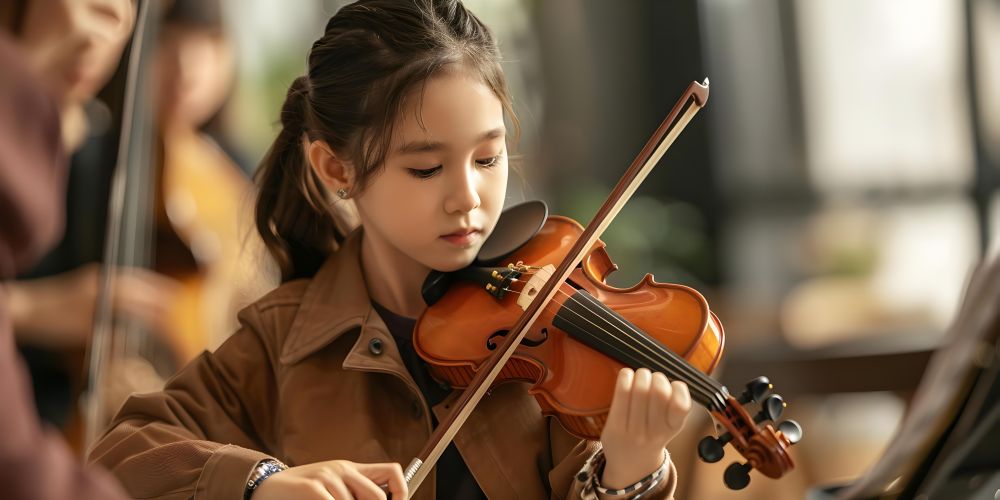 A young girl plays the violin indoors, focusing on her performance during violin classes for kids. Other musicians are visible in the blurred background.
