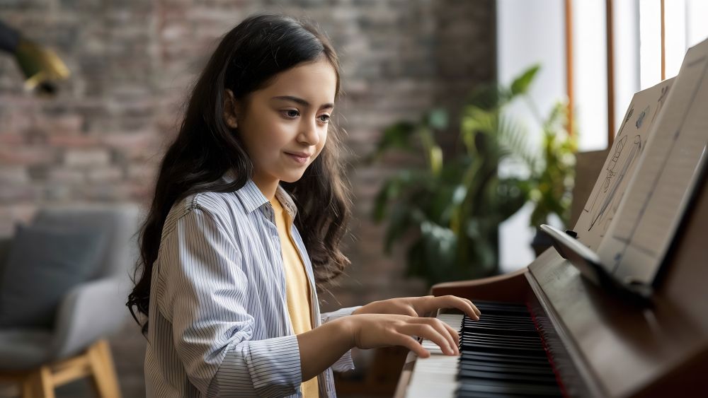 A young girl with long dark hair plays the piano, reading sheet music, in a room with a brick wall and plants—a cozy setting often seen at studios discussing piano lesson fees in Singapore.